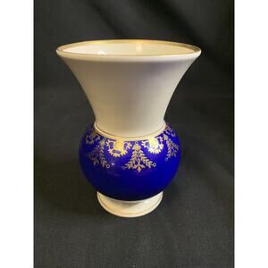 Edelstein Bavaria Porcelain Vase 5” VTG Ivory, Cobalt Blue And Gold
